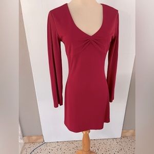 MODA INTERNATIONAL Red Mini Dress. Low neckline slit long sleeves. .